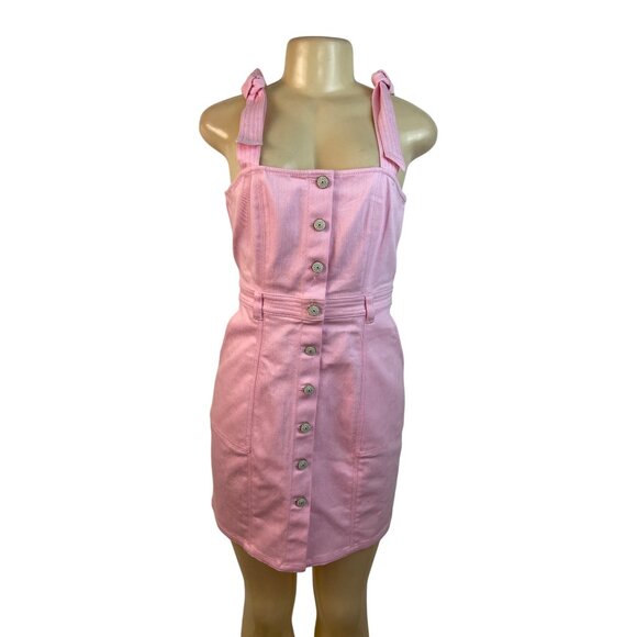 5a7 Pink Button-Front Mini Dress With Tie Straps & Pockets Size 8 - New - Picture 1 of 10